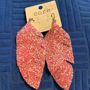 Shimmer pink beaded earrings, leaf-cut, 4”, by Core